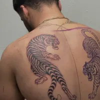 Black and grey tiger prowling across an upper back — by Gabriel Gonzalez